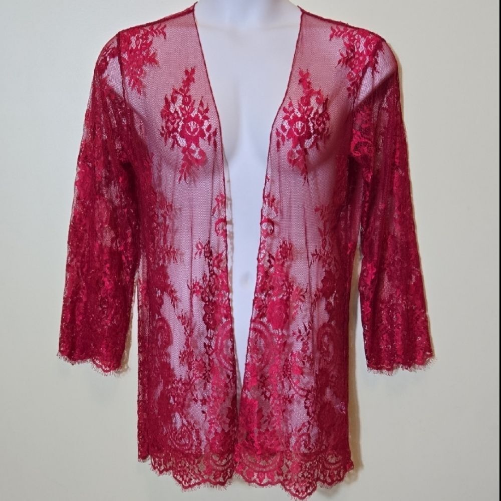 Red Sheer Lace Kimono Cardigan Whimsigoth Feminine Romantic‎ Longerie